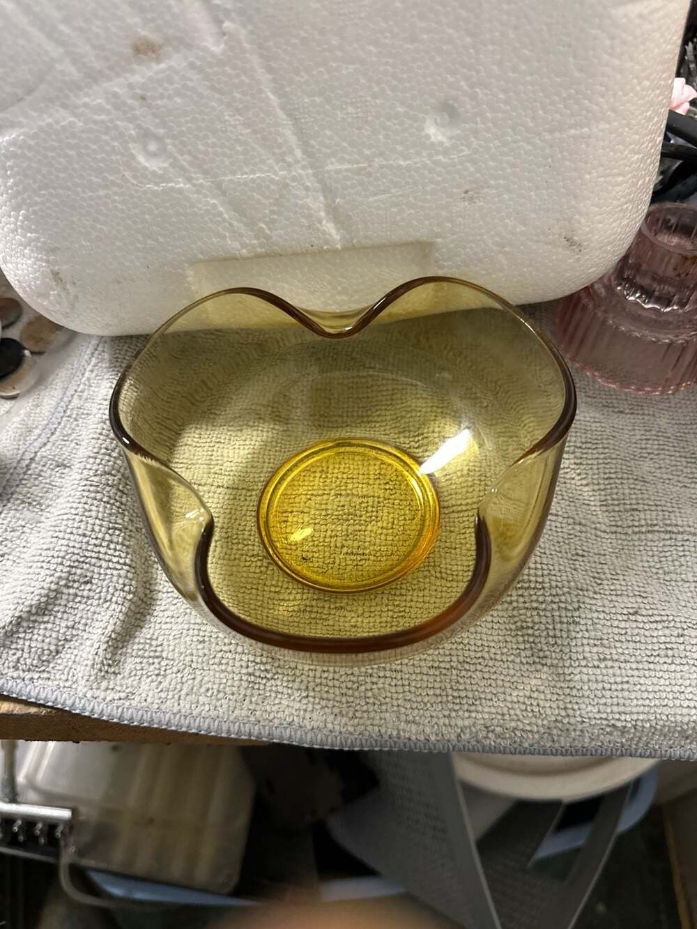 Vintage Blenko Amber Glass Tri-Corner Ruffled Bowl